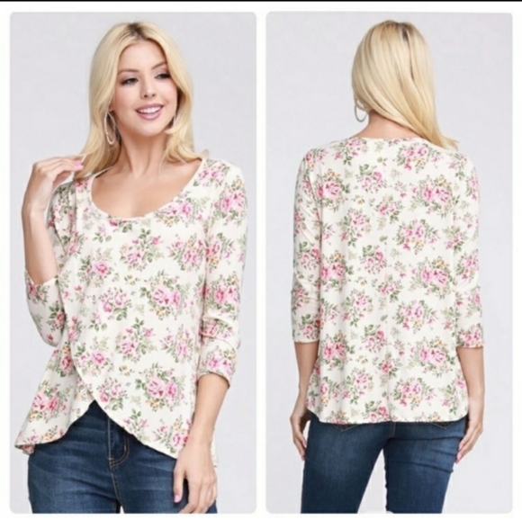 Ivory floral split-front 3/4 sleeve - Picture 2 of 2